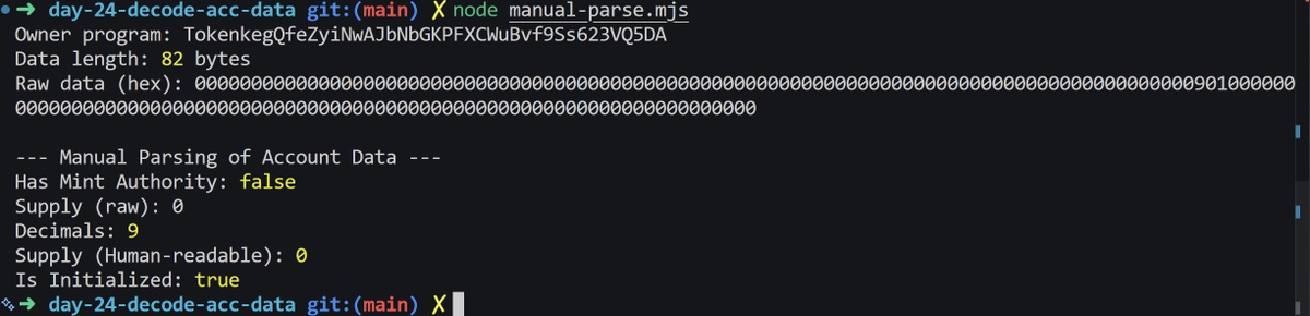 BhattDenil's tweet photo. So I manually decoded it.

Byte by byte. No shortcuts.

Pulled out:
→ Mint Authority address
→ Total supply
→ Decimals
→ Is Initialized flag

All sitting right there in 82 bytes. https://t.co/ghm7dQuhbU