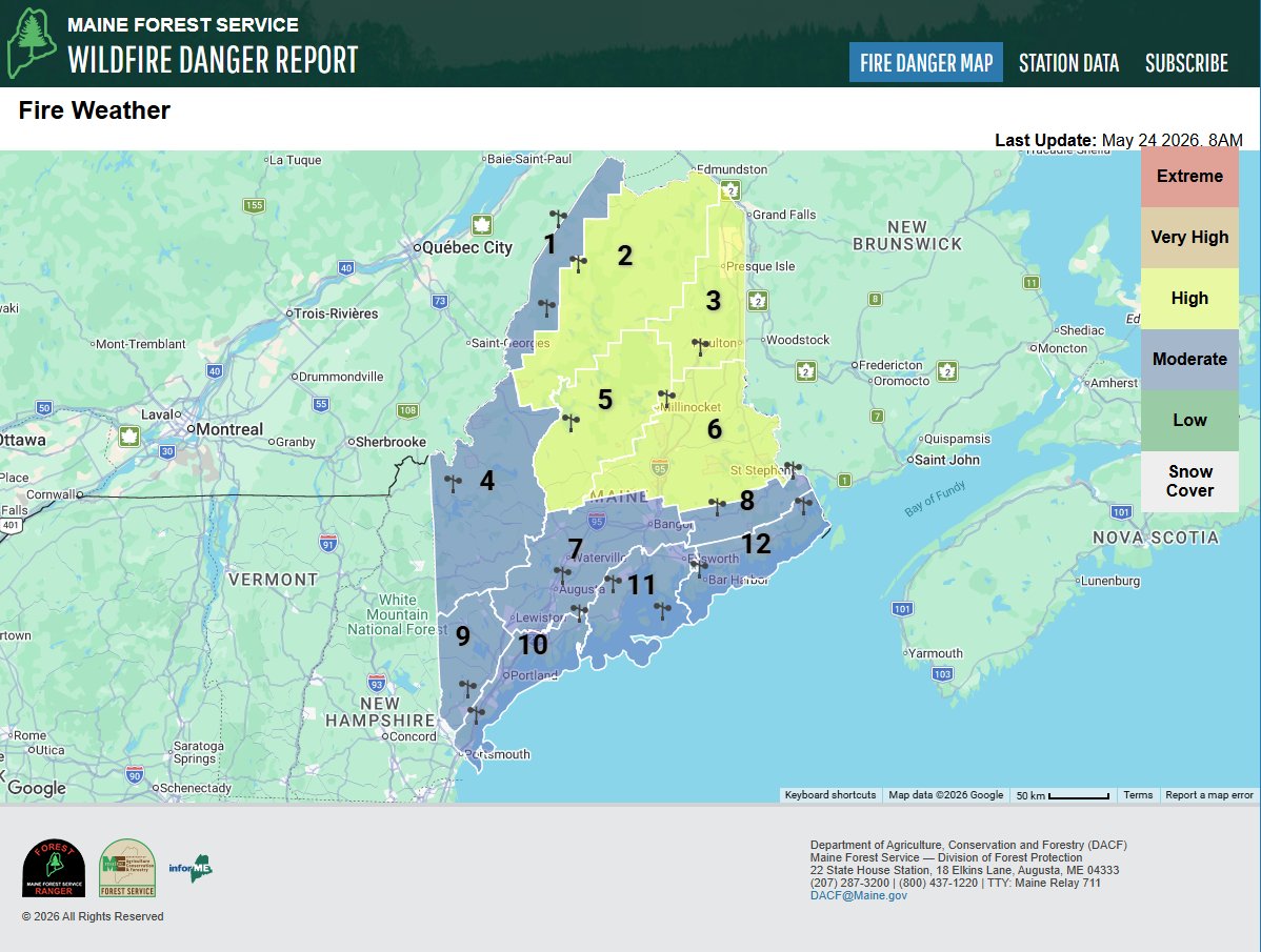NWSCaribou's tweet photo. The @MaineRangers have placed portions of Northern Maine from the St. John Valley to the Central Highlands and Northern Washington County into High Fire Danger today. #MEwx #MEFire https://t.co/10wVSHlF5o