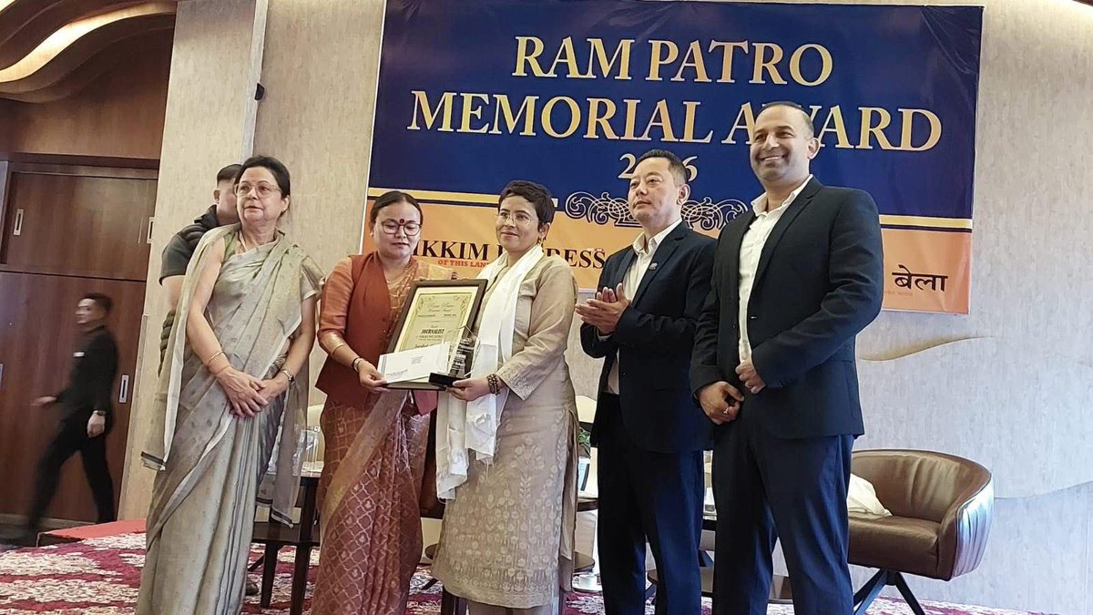 SikkimExpress's tweet photo. Ram Patro Memorial Award 2026  |  Sarikha Atreya is honoured with the ‘Best Journalist in Sikkim Express &amp; Himali Bela’ award. 
#sikkimexpress https://t.co/PH9mTR7P2w