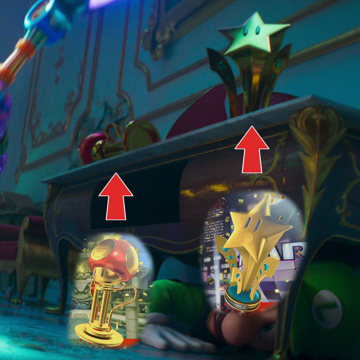 Kobob_KC's tweet photo. Some easter eggs I noticed in the Super Mario Galaxy Movie that aren't on the Super Mario Wiki's list:

0:16:49 - Zora from Zelda series (also in the first movie)
0:32:05 - Zelda NES boxart
0:32:49 - Mario Kart 8 trophies https://t.co/Awnwm38yBR