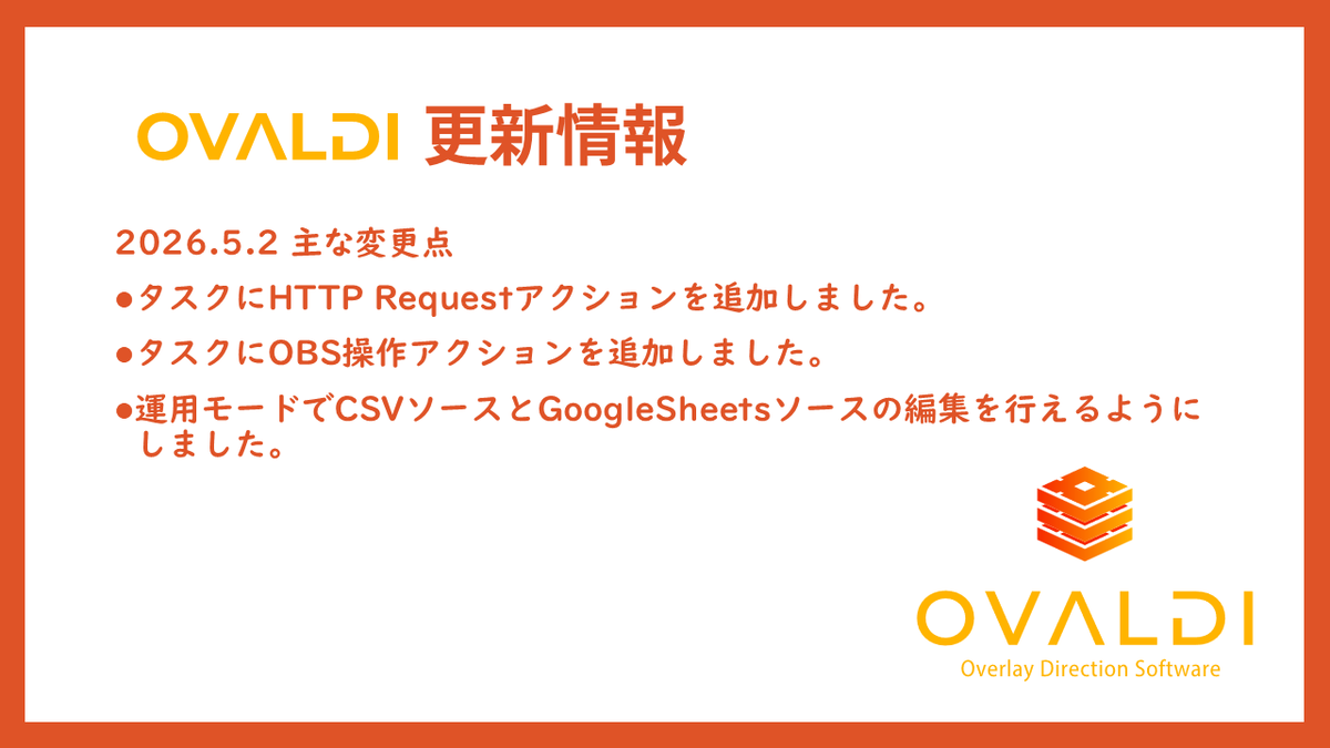 overlaymanager's tweet photo. 🆕2026.5.2が配信されました。
今回はSNSなどで見かけた感想を参考にした更新で、他サービスと連携用機能を追加しました。
特にOBSについては、連携機能を追加しました。今回はスクリーンショット保存とソースの表示切替のみですが、追加要望あればフィードバックなどからお寄せください。#OVALDI https://t.co/dMQ6UtTKlb