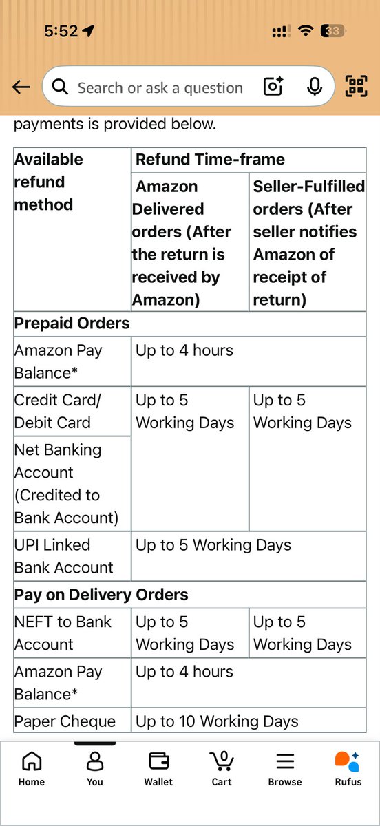 dystopic_ofc's tweet photo. @amazonIN this Indrajeet fellow also mentioned that it will take up to 13 days post pickup for the refund to reflect. I have just gone through your entire refund policy available on your app, nowhere is that mentioned. This is the table provided there. https://t.co/KqeViDcNbG