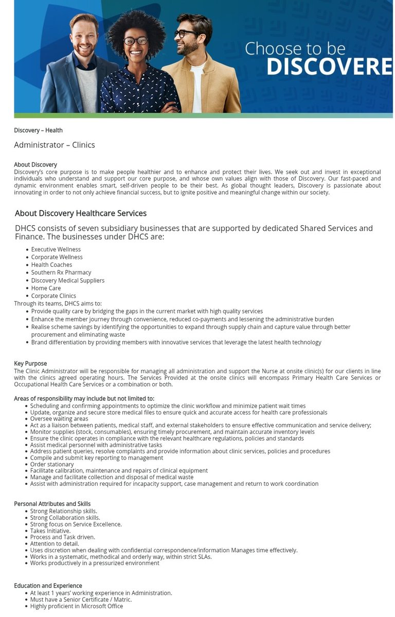 CarolBoitumelo1's tweet photo. 📌Clinics Administrator - Talent Pool

Business Unit:  Discovery Health
Function:  Administration and Office Support

Education and Experience: 
At least 1 years’ working experience in Administration.
Must have a Senior Certificate / Matric.
Highly proficient in Microsoft Office

Closing Date: 27 May  2026

Note: Visit Their Official Site To Apply

Full Details:  https://t.co/lLfjbsSGsR