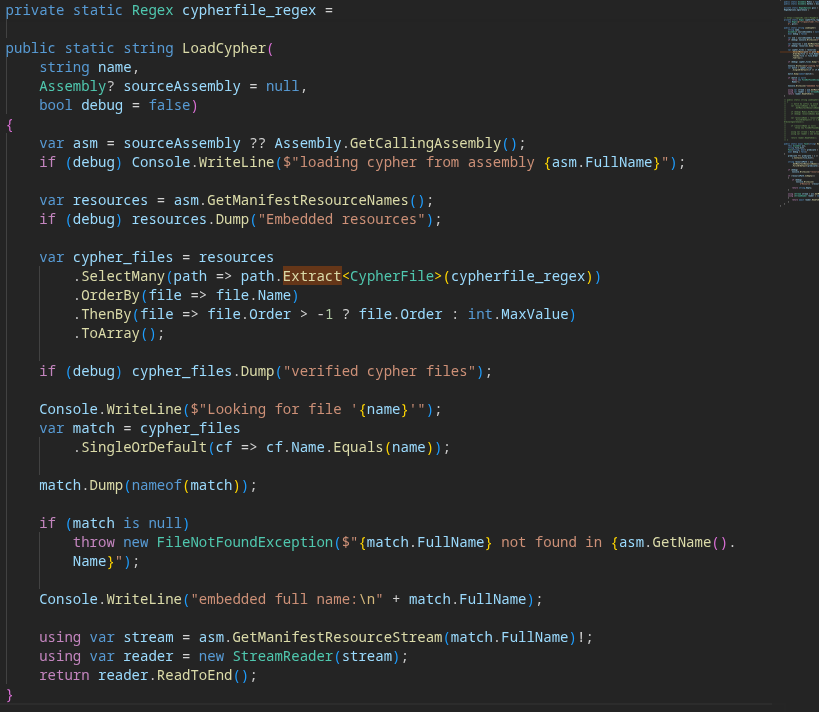 Mike_Preston17's tweet photo. Think monadically.

I.e. make stateful types and resolve them using extension method chains (that's my style anyways).

https://t.co/i1JDGaxxsK

---

Also, I use LINQ aggressively to 'compute' temporary variables at each step of whatever it is I'm sovling.

Like so:

Note: Extract instantiates the cypher file's name, order (ie. `myfile_01_foo.cypher` runs FIRST because it's marked as '01'), orders by the order number.  I use Extract heavily, because it turns pretty much anything I want into LINQ-able 'soup' and therefore easy to use functionally.