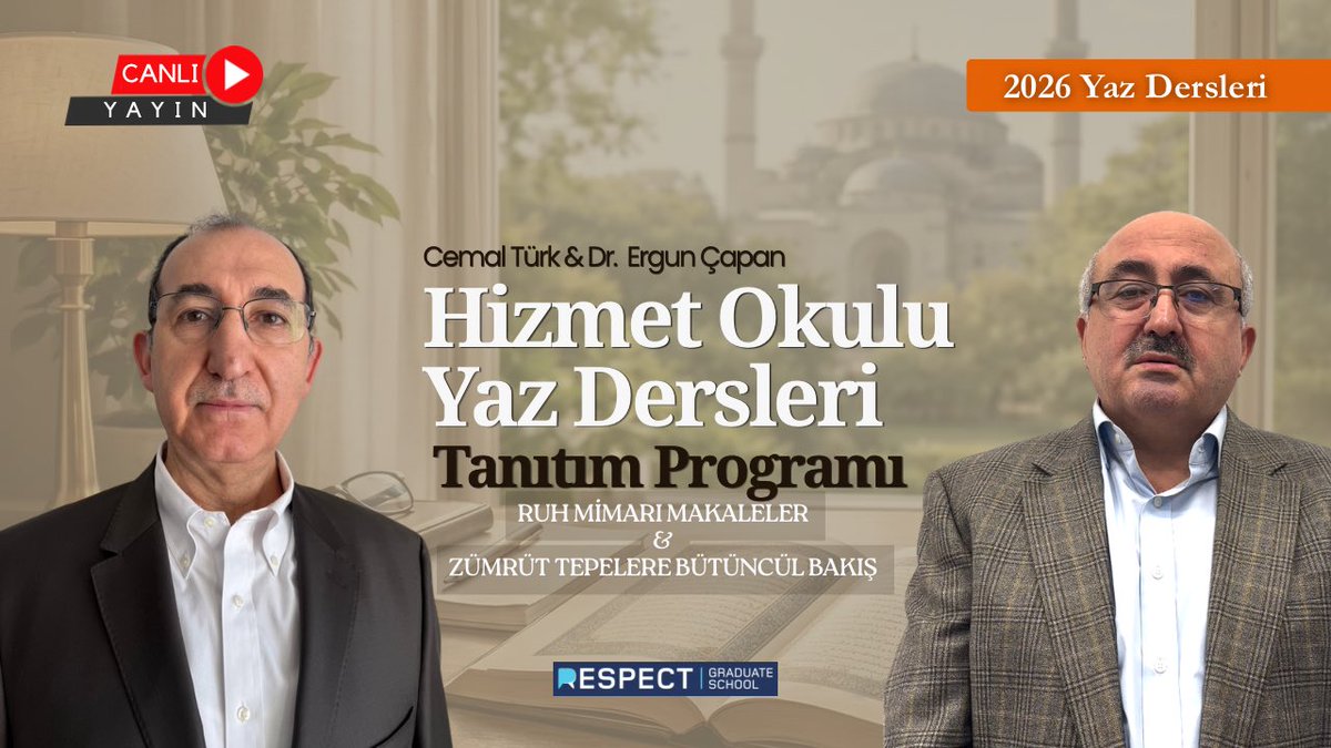 RespectTurkce's tweet photo. Modern dünyanın karmaşasında kaybolmadan yönünü bulmak, geçmişin köklü mirasıyla geleceğin ufkunu kalbinde birleştirmek isteyenler için muazzam bir fırsat bugün ekranlara geliyor. Respect Hizmet Okulu’nun yaz dönemine damga vuracak iki özel dersinin tüm detayları, ders tanıtım serimizin bu son canlı yayınında masaya yatırılıyor! Kerim Balcı’nın moderatörlüğünde, Cemal Türk ve Dr. Ergun Çapan’ın katılımıyla yapılacak olan yayınımıza tüm dostlarımızı davet ediyoruz. 
Canlı yayını izlemek için tıklayın:
https://t.co/keVe0Jwk5Y