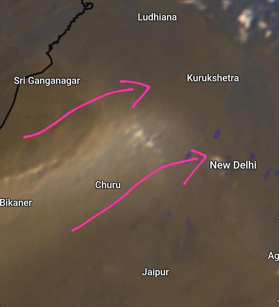 IndiaMausam's tweet photo. #Duststorm is heading towards #Delhi #NCR It originated from #Rajasthan and travelling across #Haryana and reach #Delhi soon be prepared for this #Delhiweather https://t.co/Mcq2pvQyqa