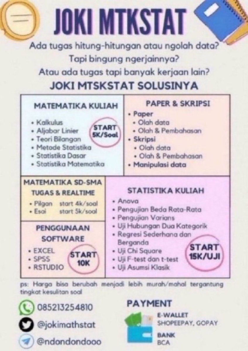jokimathstat's tweet photo. Open Joki Tugas dan Realtime Metode statistika &amp; MTK
• Ujian Masuk
• tes Ujian MTK
• validitas reliabilitas
• regresi korelasi
• Paper &amp; Skripsi
• excel spss eviews

Hub https://t.co/OmknF98AFT

Dikerjain lulusan STATISTIKA ipk 3,8 #zonauang #joki #jokistatistika #jokim https://t.co/bkbxLovkKd