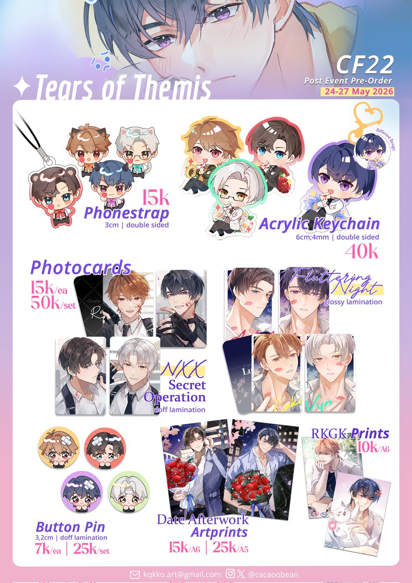 cacaoobean's tweet photo. [💜 &amp; 🔄 are very appreciated!]
I'll be opening post CF22 quick Pre Order. Please check it out!  ☆(⁠◡⁠ ⁠ω⁠ ⁠◡⁠)

🗓️: 24-27 May 2026
📦: Mail Order (Manual)
📑: Tears of themis, Plave, Dandadan
🔗: https://t.co/Ys7CfxIo0V https://t.co/g4TL5Tzbfp