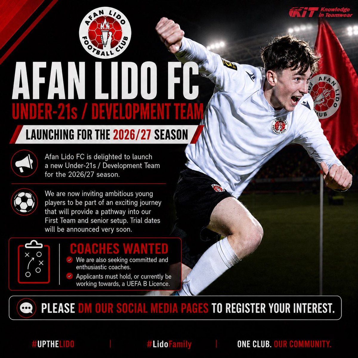 CPDLidoAfan's tweet photo. Afan Lido FC is delighted to launch a new Under-21s / Development Team for the 2026/27 season.

We are now inviting ambitious young players to be part of an exciting journey that will provide a pathway into our First Team and senior setup. Trial dates will be announced very soon https://t.co/b29ahv69nG