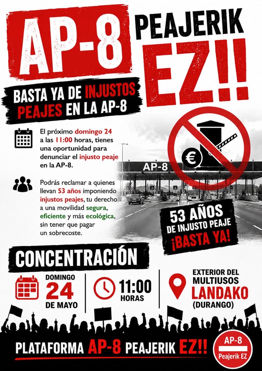 RaquelGlezDiez's tweet photo. Las plataformas #AP8 y #AP68 reivindican eliminar los peajes abusivos que impone #Diputación
 
 Son décadas pagando una AP-8 más que amortizad y ahora quieren perpetuar también el peaje de la AP-68

Basta de usar la carreteras públicas como cajas registradoras 
eternas

#Peajes0 https://t.co/TBdcgrZthA
