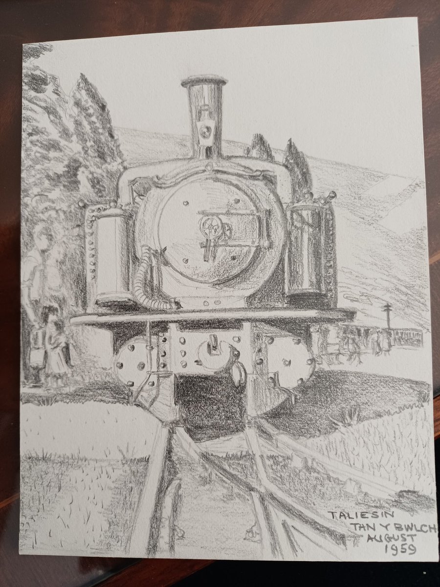 NRHAwd's tweet photo. And a 1959 sketch by Peter Jarvis of Taliesin (Mk 2, aka Livingston Thompson) at Tan y Bwlch in 1959.  At that point the railway was still running with all its own, pre-1900, rolling stock https://t.co/b1DNB4LlFz