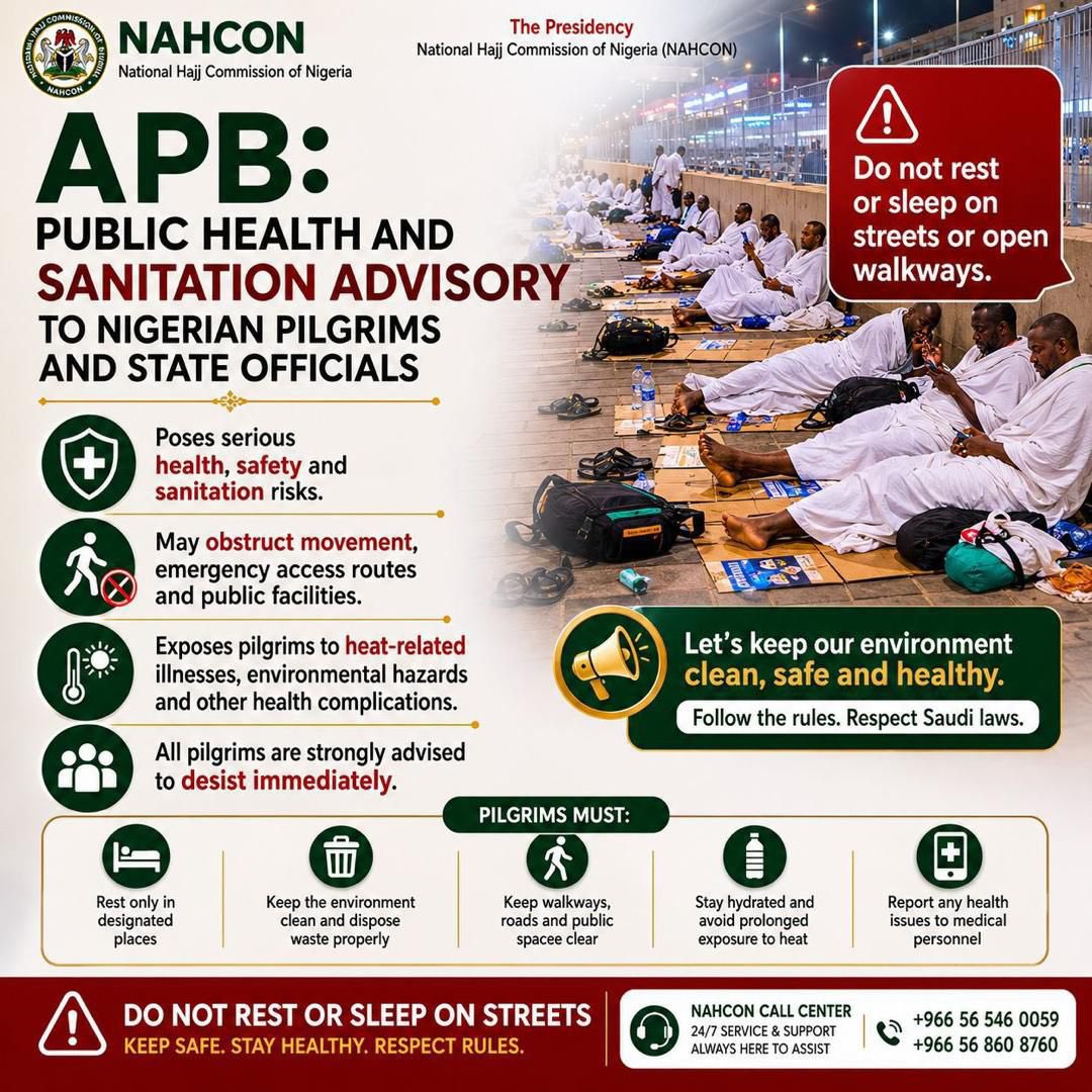 MadamDearestt's tweet photo. 🚨 PUBLIC HEALTH ADVISORY 🚨

NAHCON urges all Nigerian pilgrims to avoid resting or sleeping on streets, walkways and public pathways during Hajj operations. Let us keep our environment clean, safe and accessible while protecting lives and respecting Saudi regulations.
 #NAHCON https://t.co/AqnRc291Ay