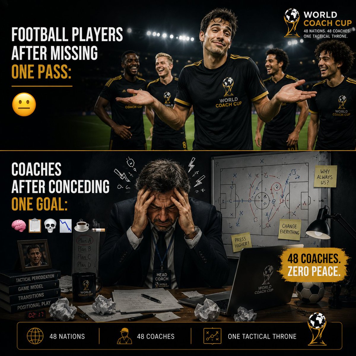 WorldCoachCup's tweet photo. World Cup players after missing one pass:
😐

World Cup coaches after conceding one goal:
🧠📋💀📉☕🚬

48 coaches.
Zero peace.

#WorldCoachCup https://t.co/rrVKm14RRR