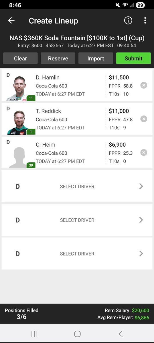 SRT41_DFS's tweet photo. My core for today's #Coke600 at @CLTMotorSpdwy is set! Rocking with this 3 driver foundation I feel really good about #DFS tonight. Check out our full driver by driver breakdown on @YouTube and let us know if you're rolling with us!  https://t.co/0jxajwCL66 https://t.co/XM8pMZHgde