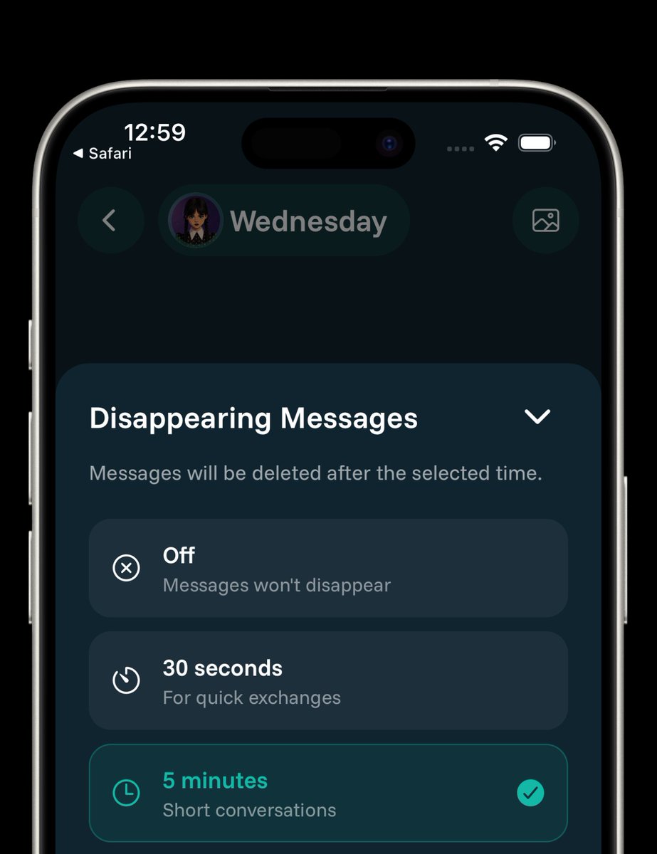 wavemsgs's tweet photo. Enable disappearing messages for more privacy https://t.co/uLDJiGEzEp