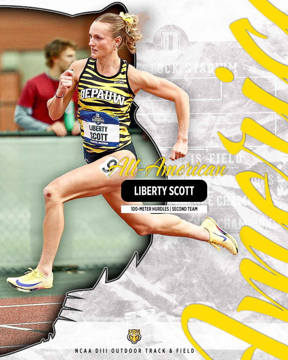 DePauwAthletics's tweet photo. ✨ ALL-AMERICAN ✨

Liberty Scott finished 8th in the 100-meter hurdles finals yesterday at the NCAA Division III Outdoor Track &amp; Field Championships in La Crosse, Wisconsin claiming Second Team All-American honors in the event!

#TeamDePauw #d3tf https://t.co/mhnoXzc3WG