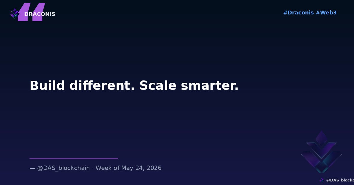 DAS_blockchain's tweet photo. 📊 @DAS_blockchain Weekly Recap
Week of May 24, 2026

✅ TIMC, NSA & DCPA protocol docs updated
✅ DRC-20 sample contracts live on GitHub
✅ MidasVault & DAS Exchange progressing

🔭 Next week:
→ NSA account abstraction deep dive
→ EVM migration guide for Solidity devs

Build different. Scale smarter. 🐉
#Draconis #WeeklyUpdate #Web3