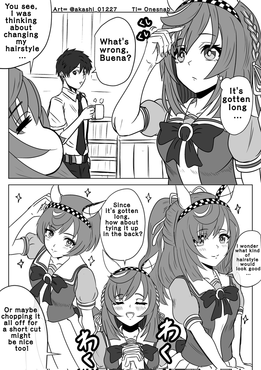 01s_nab23's tweet photo. Art by = @akashi_01227 
TL:EN 
"Buena is cute" 
#ウマ娘 #Umamusume #ウマ娘英訳 #UmaTranslations https://t.co/PchuFQEFo6