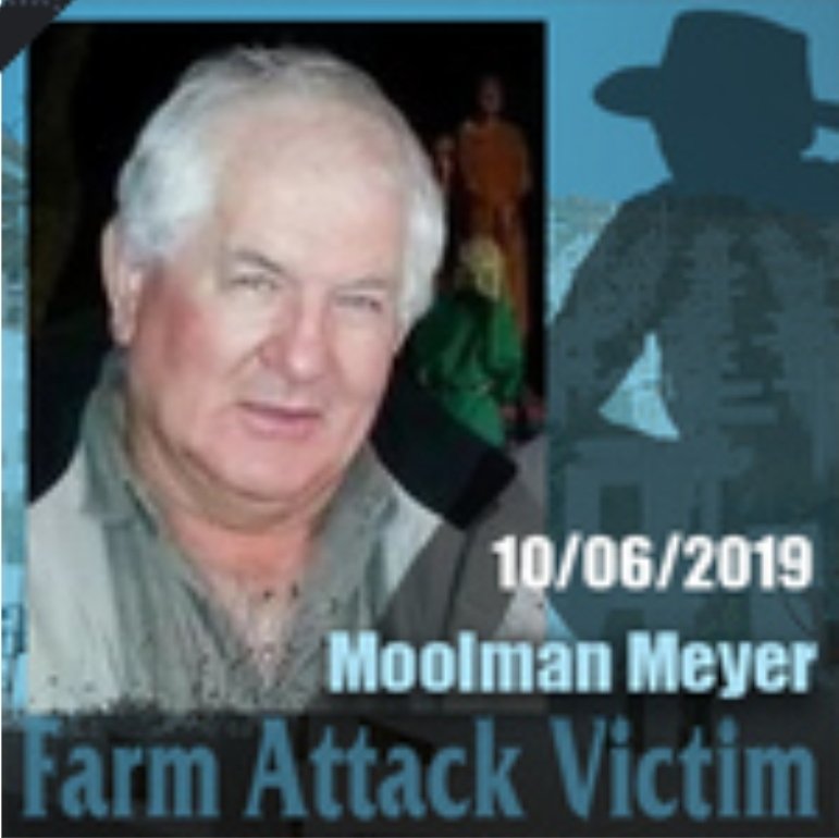 RiseAgainstEvil's tweet photo. On his farm Waaihoek in the Sheepmoor area of Mpumalanga, around 10 June 2019, 67-year-old Moolman, who had worked that same land for over 50 years, was hacked to death with a panga (machete).

The attack was savage. He suffered deep hack wounds all over his head, body, and arms as he desperately tried to defend himself. There were severe defensive injuries between his fingers where he raised his hands to protect his face and head. His body was also struck with a large rock. He was found near a tractor on the farm, with his blood spattered across the vehicle.

These personal, up-close attacks leave families and communities in unimaginable pain. Moolman was a hardworking man who simply wanted to farm the land he loved.