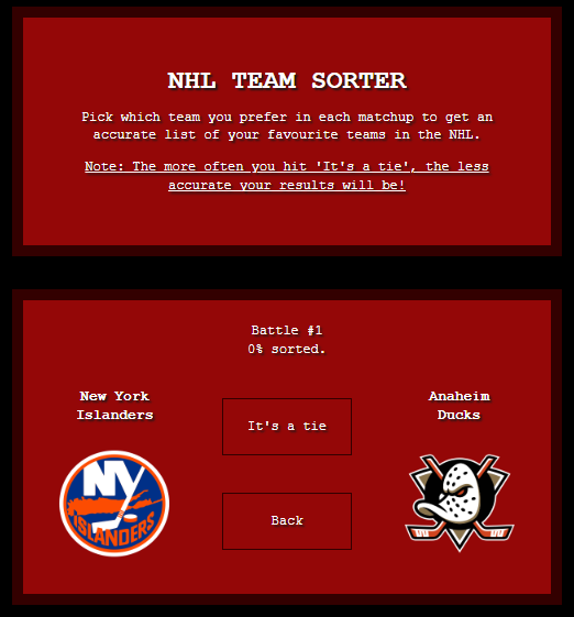 edthekraken's tweet photo. The NHL team sorter that is going around is out of date so I made my own! Mine includes team logos AND a back button if you make a mistake!! https://t.co/sVsjEnvqH5 https://t.co/xAhNDaxMIy