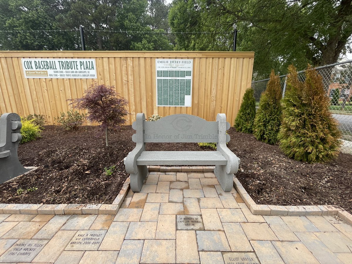 Cox__Baseball's tweet photo. Addition of two benches to our Entry Plaza. One being in honor of the late Jim Trimble, father of South (2019) and Fenwick (2021), a steadfast and loyal supporter of our program! https://t.co/9MMNpxGYoN