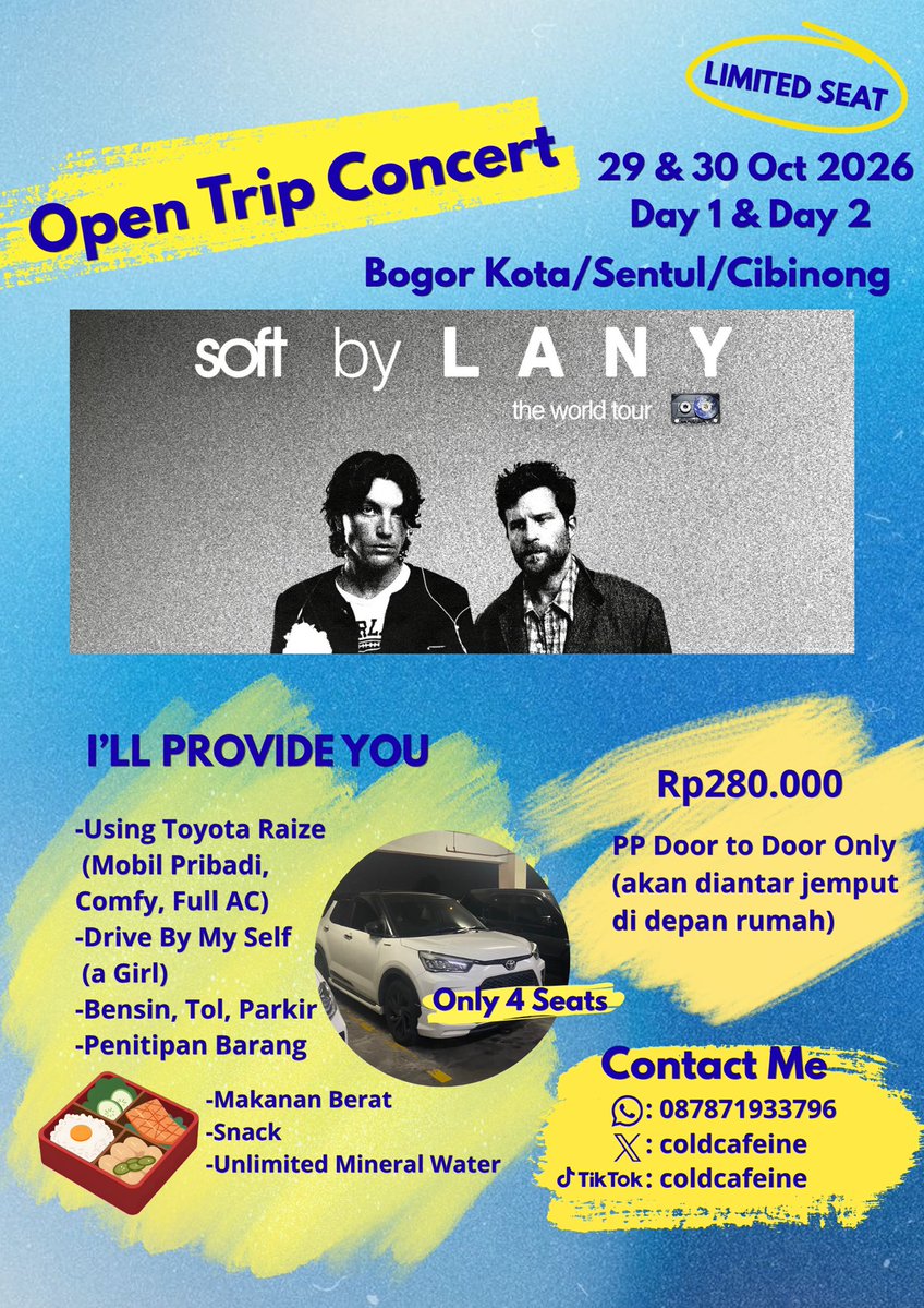coldcafeine's tweet photo. Open Trip LANY Concert in Jakarta

📍Bogor - Indonesia Arena
💸280k (PP depan rumah)
🚙Mobil Pribadi, Full AC, Bensin, Tol
🍱Makan berat, Snack, Air Mineral

Kebetulan day 1 aku nonton juga, jadi sekalian nyari temen nonton hihi only 4 seats yaa🥰 https://t.co/0OM6GrMKDM