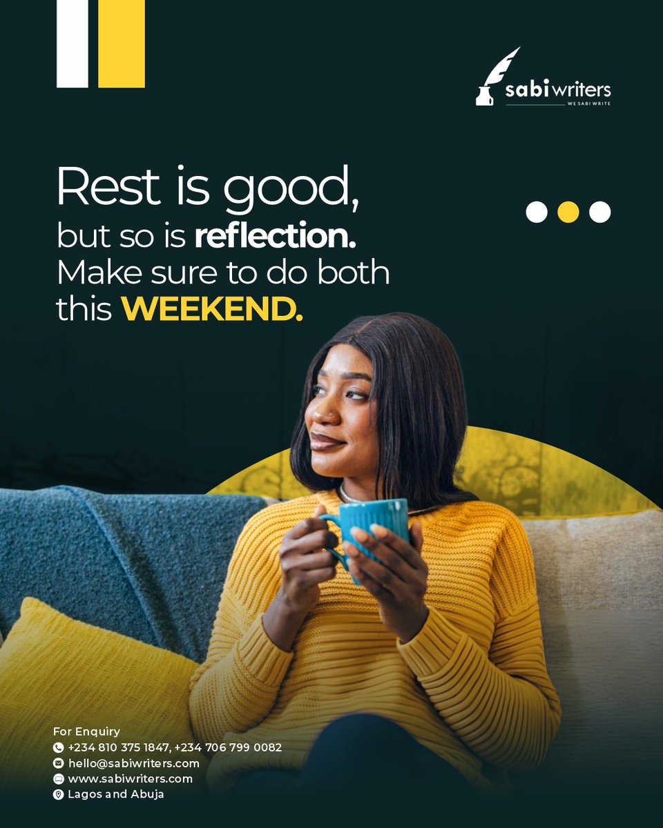 sabiwriters's tweet photo. The weekend is over

Have you rested enough?

Have you taken a moment to reflect on the new week ahead?

If you haven’t, there’s still time to do that.

Take a good rest today, but also make sure you reflect as well.

#sabiwriters #sunday #newweek #writingagency #bookwriting https://t.co/bLUu6xHzhT