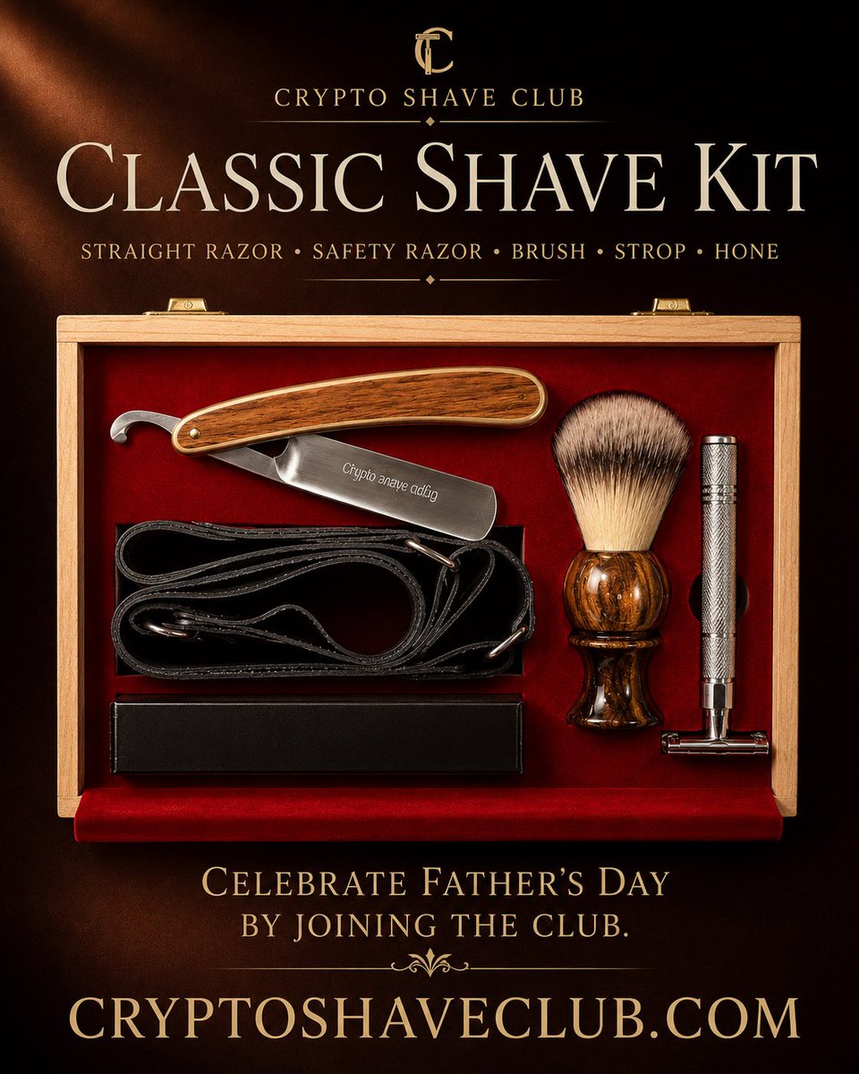 cryptobarber1's tweet photo. Celebrate Father’s Day with Crypto Shave Club.

Give him a classic shave kit with a straight razor, safety razor, brush, strop, and hone — all packed in an elegant wood case.

Join the club.
Order at https://t.co/dLWFQQnqc3

#Crypto #FathersDayGift #MensGrooming #Shave https://t.co/3hjcEaexJR