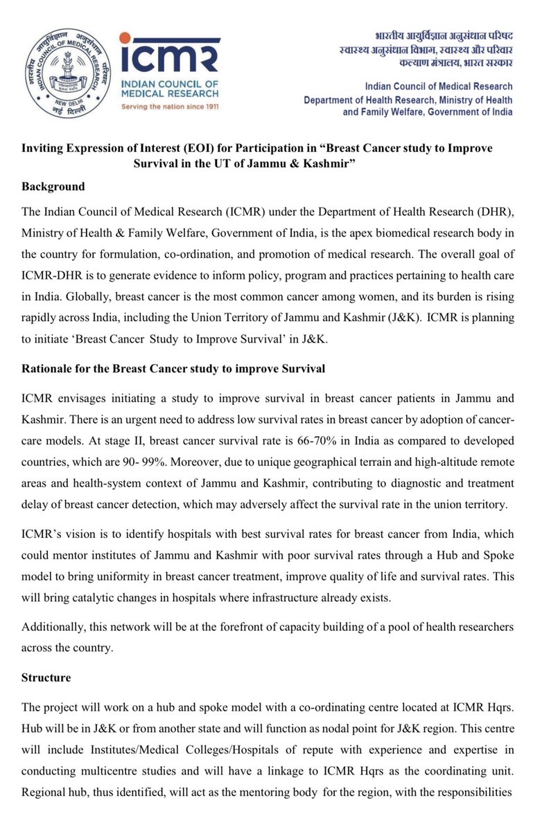 KCF_Tweets's tweet photo. ICMR invites proposals for implementation research to improve breast cancer survival in J&amp;K through collaborative healthcare models.
Deadline: 19 June 2026
Kashmir Care Foundation (KCF) can support with grant writing, proposal development, collaborations &amp; research strategy. https://t.co/CUdxOpbqyA