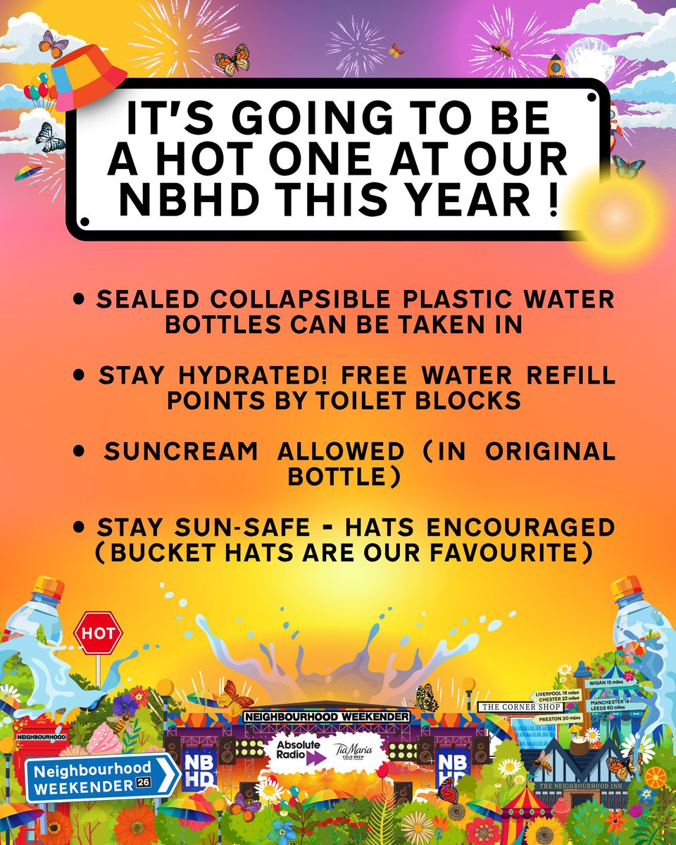 nbhdweekender's tweet photo. Be prepared, stay hydrated, and don’t forget your bucket hat 😎☀️ #NBHDWKND26

Please note if you’re bringing a plastic water bottle it needs to be a maximum of 500ML https://t.co/BjrFKpJh48