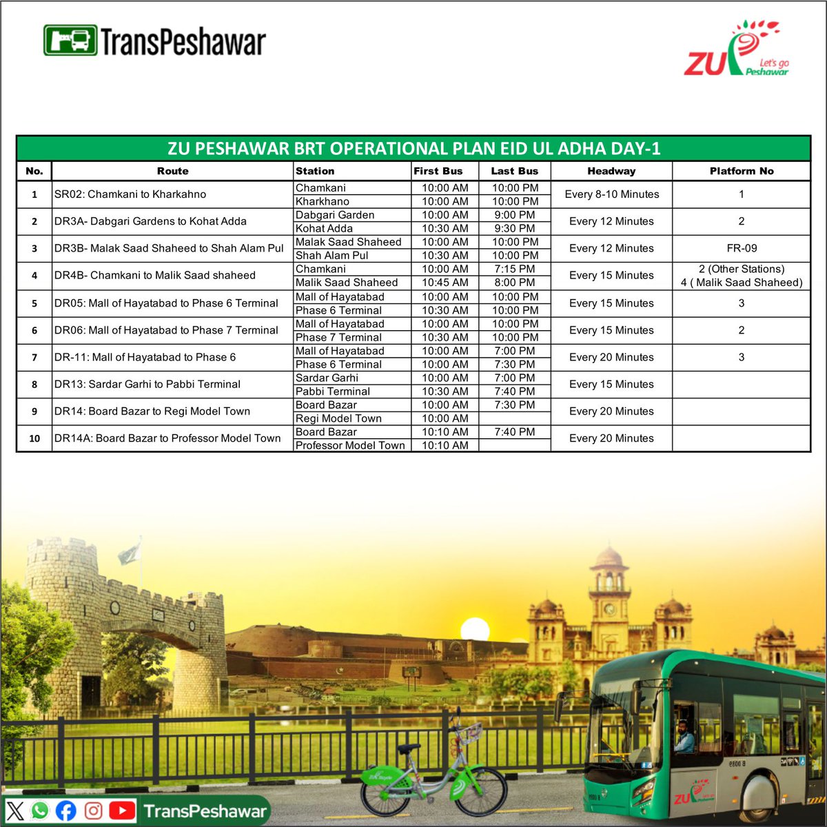 TransPeshawar's tweet photo. عیدالاضحی کے پہلے، دوسرے اور تیسرے دن بی آر ٹی پر دیئے گئے اوقات کار کے مطابق سروس فراہم کی جائے گی۔ 

@drsmabukhari
#BRTupdates #BRTTimings #Eid2026 https://t.co/ymL6yRkUzN