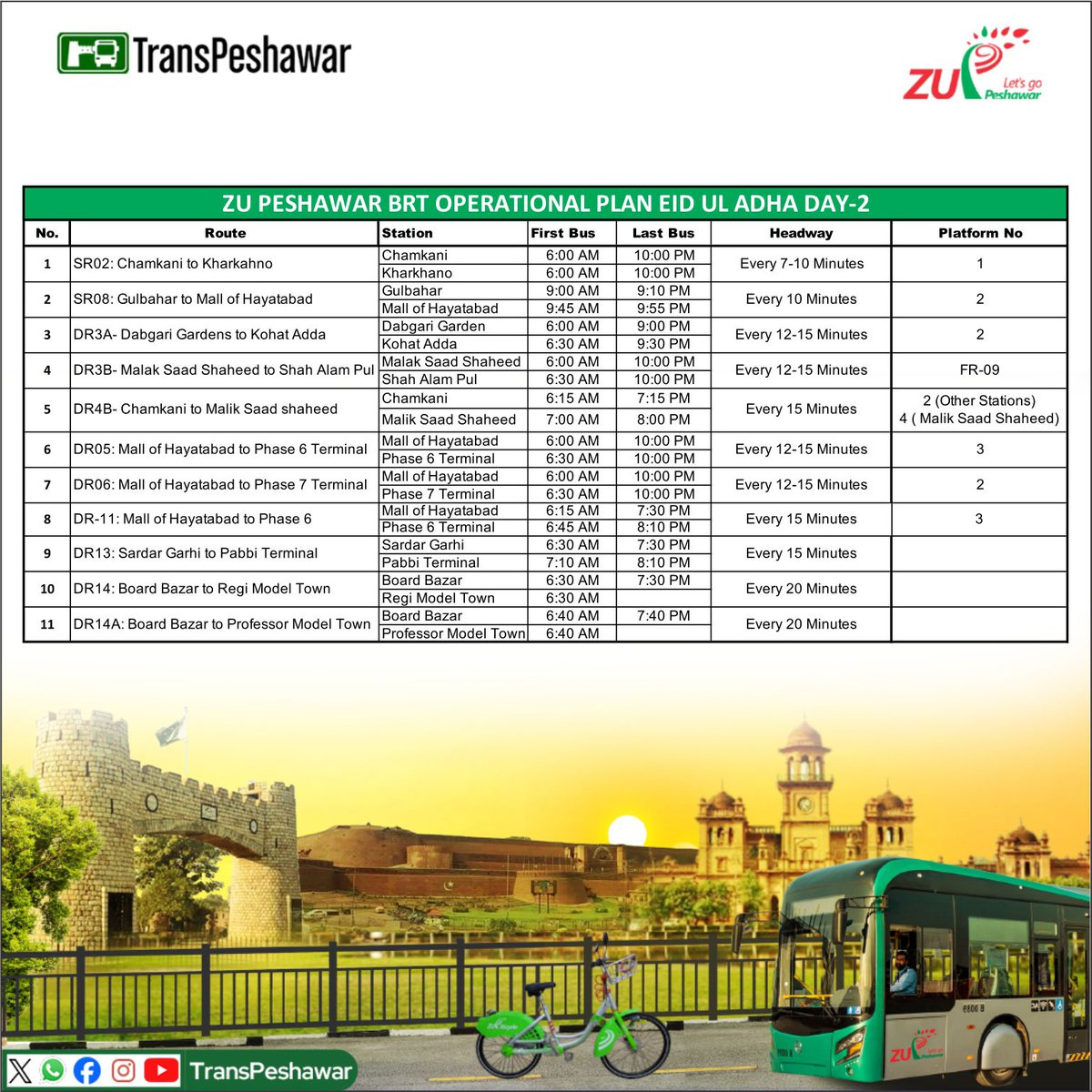 TransPeshawar's tweet photo. عیدالاضحی کے پہلے، دوسرے اور تیسرے دن بی آر ٹی پر دیئے گئے اوقات کار کے مطابق سروس فراہم کی جائے گی۔ 

@drsmabukhari
#BRTupdates #BRTTimings #Eid2026 https://t.co/ymL6yRkUzN