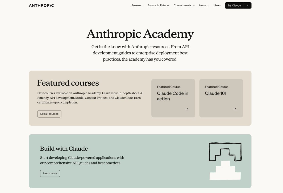 Anthropic Academy screenshot showing official courses for Claude, Claude Code, MCP, and related tracks