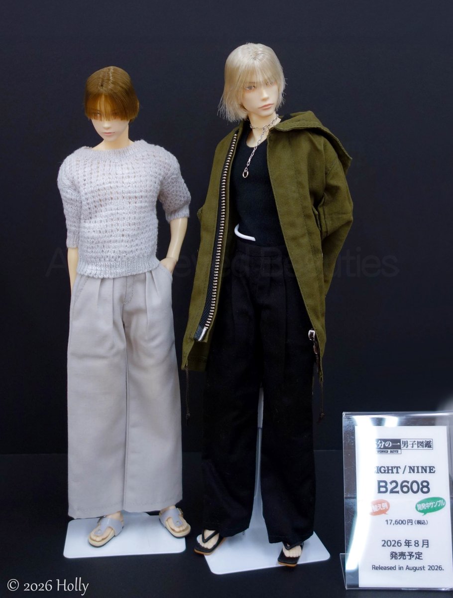 hollyzombie's tweet photo. ドールショウ78夏 セキグチ/ペットワークス 新作展示
2026年8月発売予定「 #六分の一男子図鑑 B2608 エイト／ナイン」 開発中サンプル 着替え例展示
 PS限定ではないので各取扱店さんで販売ですね。
 #PetWORKsBoys #PetWORKs https://t.co/NWhH4sZ5uf