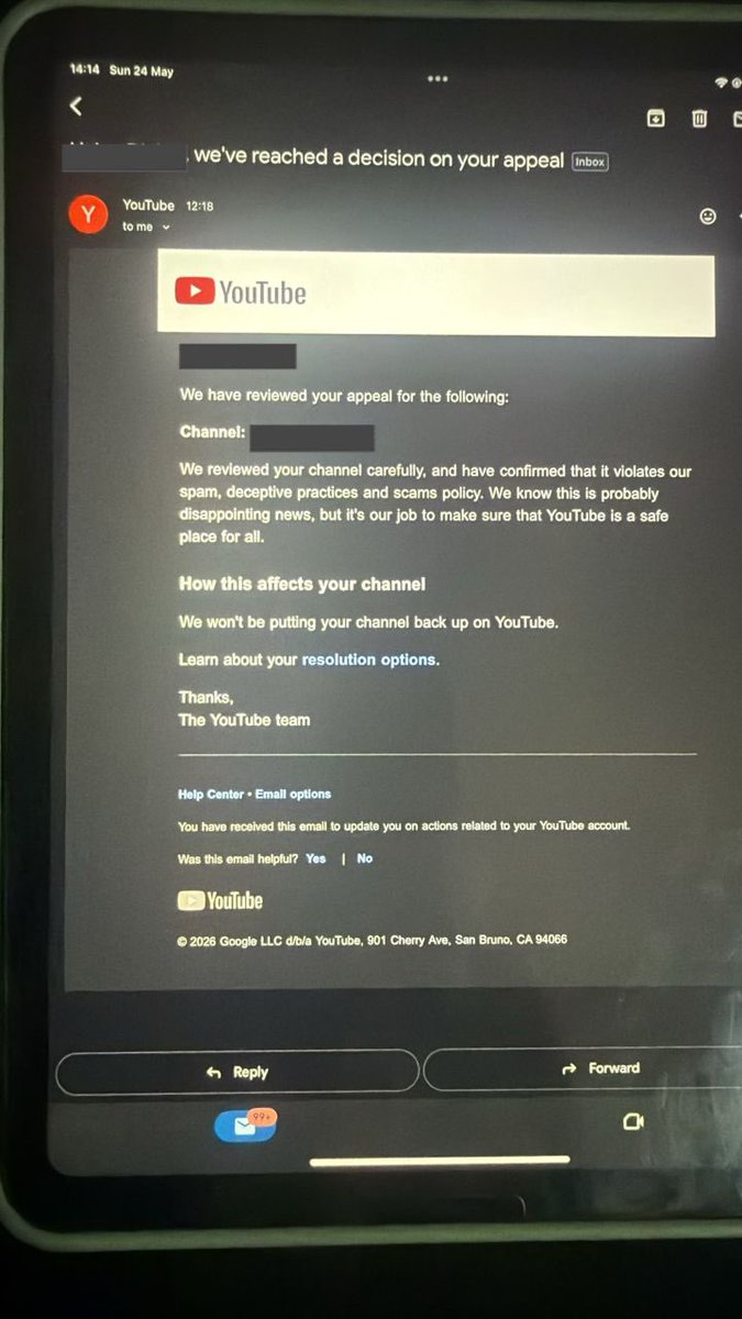 for_sale2345's tweet photo. Hello @TeamYouTube my channel in the YouTube Partner Program was removed unjustly. Before I could even appeal, I already received an appeal denial message automatically from your bot. My estimated balance of $1,390 is now inaccessible. Please help me resolve this https://t.co/T1KaZ55bQT