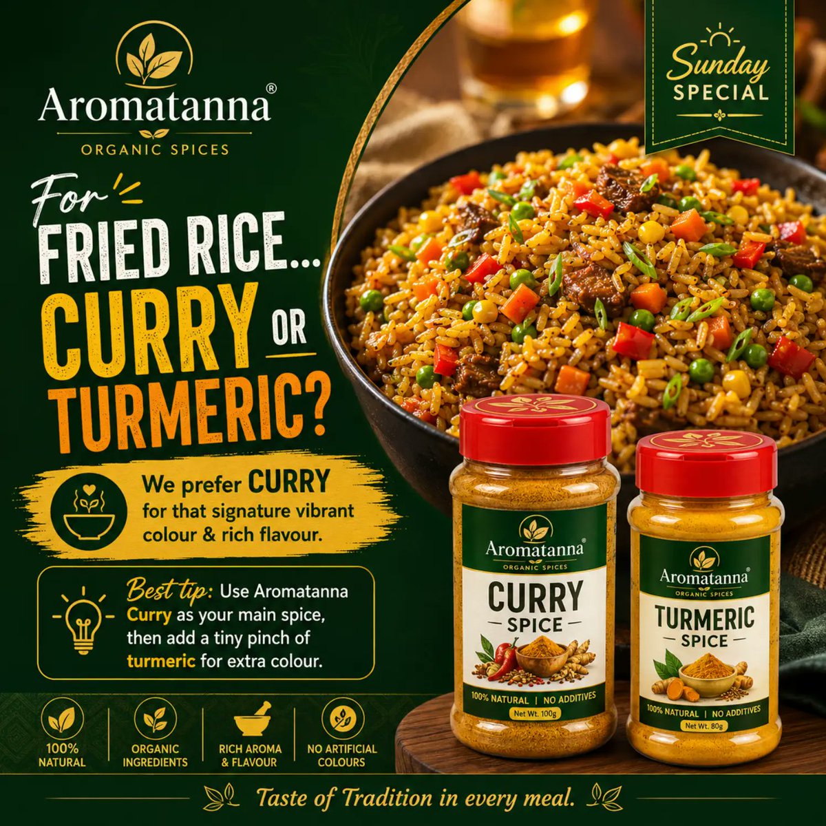 ChiefsPalate's tweet photo. Sunday fried rice tip 🍚✨
For that signature vibrant colour and rich flavour, we prefer Aromatanna Curry Spice.
Use curry as your main spice, then add a tiny pinch of turmeric for extra colour.
Aromatanna Organic Spices
Taste of Tradition in every meal.
#aromatanna https://t.co/KLrcfle7XE