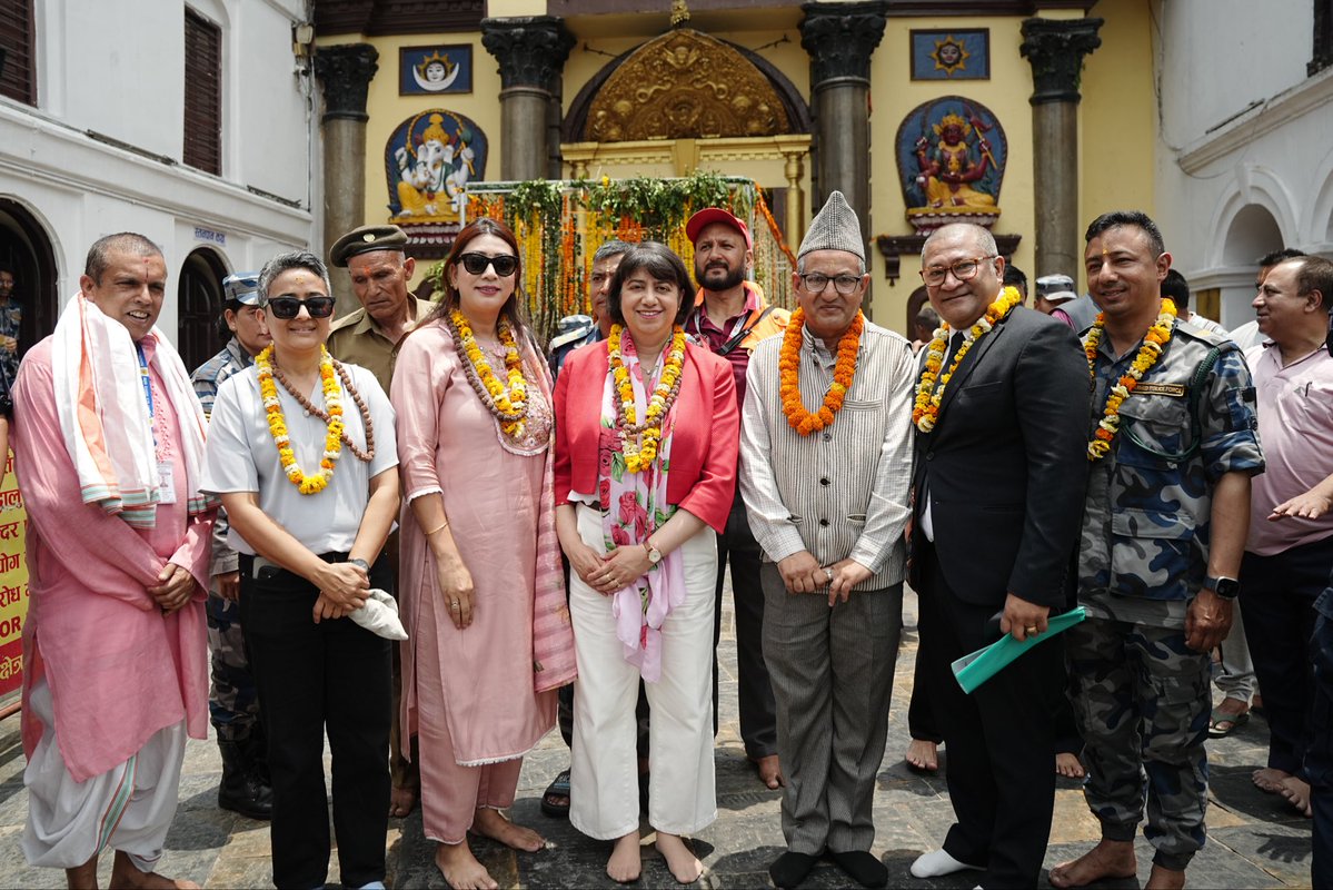 UKinNepal's tweet photo. Nepal has a rich cultural beauty that - along with its people and landscape - attracts thousands of Brits each year. Minister @SeemaMalhotra1 visited the Pashupatinath Temple in Kathmandu - one of ten UNESCO World Heritage Sites in Nepal - to see this first hand. @PADT_Official https://t.co/ok4cbzFDhF