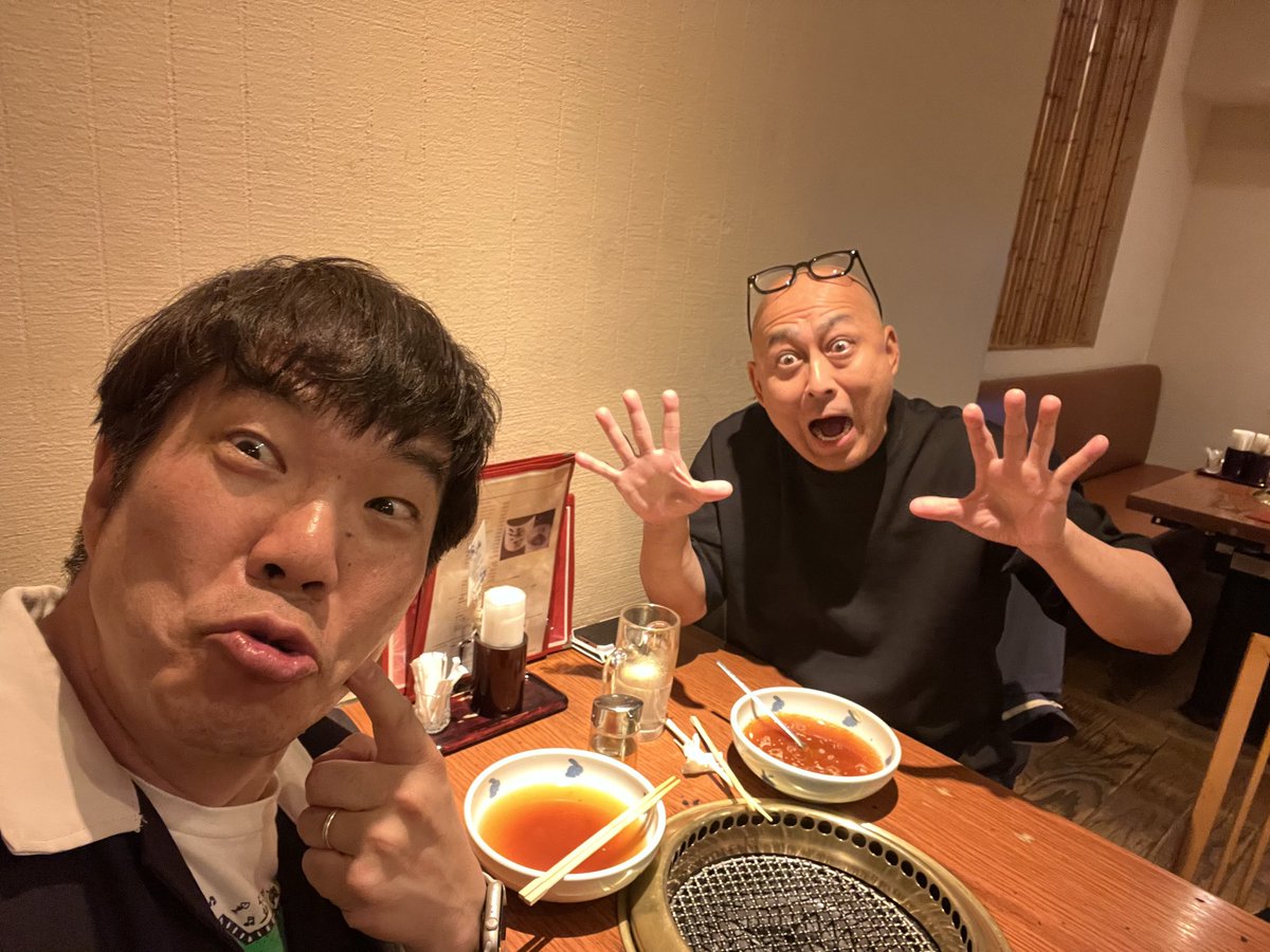 1pintandoku's tweet photo. ラジオ後は、
#まさのりさん（錦鯉）とサシ飲み㊗️
実は同期なんですよねぇー。

同期なんですが、ガッチリご馳走してもらいました。

🤭良い肉でした！🤭
幸せでした！まさのりさんに、次はお寿司
お願いしました🤟 https://t.co/3a8hyXnT4i