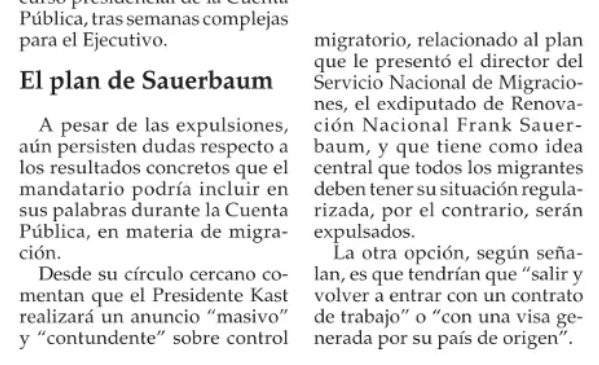 Nueva_Derecha1's tweet photo. El Mercurio indica que "plan Sauerbaum" para expulsión de irregulares contempla que puedan "salir y volver a entrar con un contrato de trabajo". 

Esto es un engaño al electorado por parte de @joseantoniokast  Las expulsiones de irregulares son con elástico?  @Jou_Kaiser https://t.co/gbmlZOwh8U