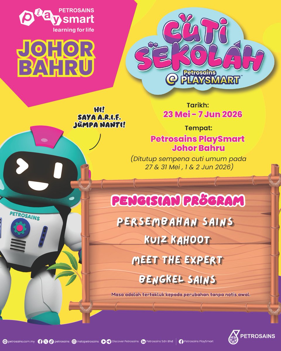 JohorLibrary's tweet photo. Cuti sekolah dah mula, tak tahu nak bawa anak ke mana? 👀🚀

Jom ke Petrosains PlaySmart Johor Bahru! Anak-anak boleh belajar sains dengan cara yang fun &amp; interaktif 🤩

Paling best, MASUK PERCUMA! 🥳

🗓 23 Mei – 7 Jun 2026
📍 Perbadanan Perpustakaan Awam Johor
#Petrosains https://t.co/IICeUPzqRe