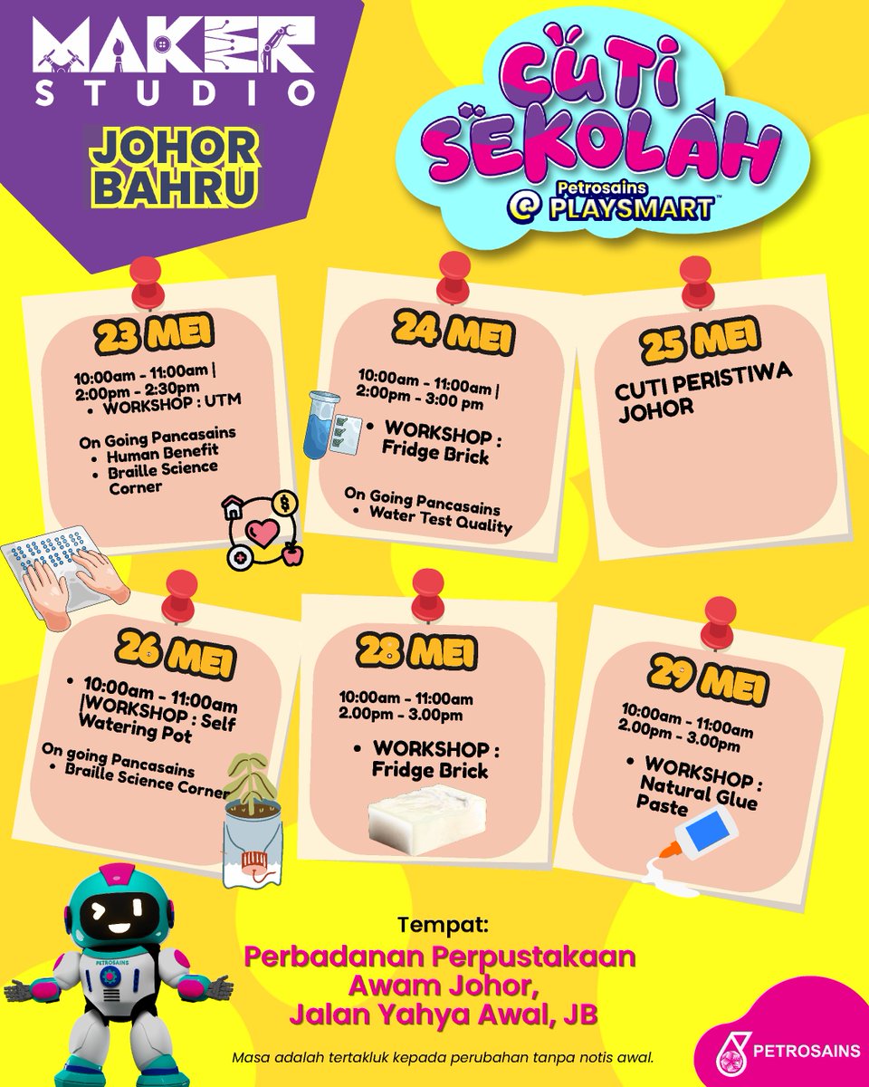 JohorLibrary's tweet photo. Cuti sekolah dah mula, tak tahu nak bawa anak ke mana? 👀🚀

Jom ke Petrosains PlaySmart Johor Bahru! Anak-anak boleh belajar sains dengan cara yang fun &amp; interaktif 🤩

Paling best, MASUK PERCUMA! 🥳

🗓 23 Mei – 7 Jun 2026
📍 Perbadanan Perpustakaan Awam Johor
#Petrosains https://t.co/IICeUPzqRe