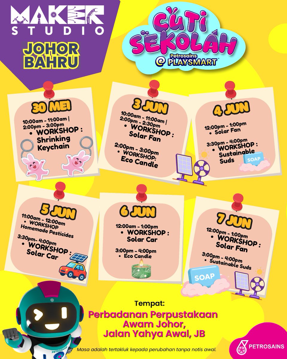 JohorLibrary's tweet photo. Cuti sekolah dah mula, tak tahu nak bawa anak ke mana? 👀🚀

Jom ke Petrosains PlaySmart Johor Bahru! Anak-anak boleh belajar sains dengan cara yang fun &amp; interaktif 🤩

Paling best, MASUK PERCUMA! 🥳

🗓 23 Mei – 7 Jun 2026
📍 Perbadanan Perpustakaan Awam Johor
#Petrosains https://t.co/IICeUPzqRe