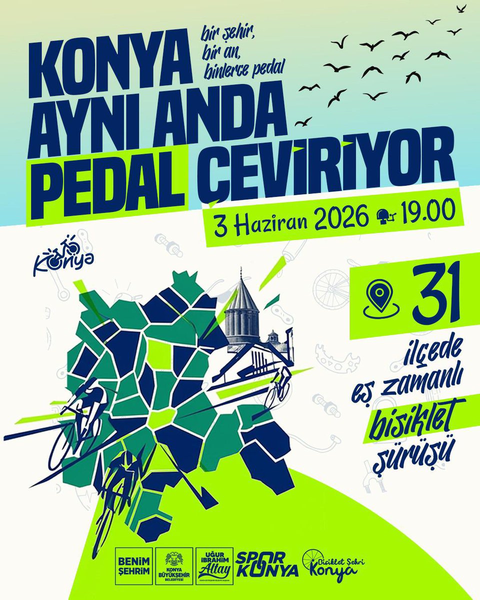 sporkonyacomtr's tweet photo. Konya 2026 Avrupa Bisiklet Başkenti çalışmaları kapsamında, 3 Haziran’da 31 ilçemizde eş zamanlı kısa toplu bisiklet sürüşü gerçekleştiriyoruz.

Saat 19.00’da başlayacak etkinliğimize tüm vatandaşlarımız davetlidir.

Pedallarımızı birlikte çevirip, bisikletin birleştirici gücünü hep birlikte yaşayalım.