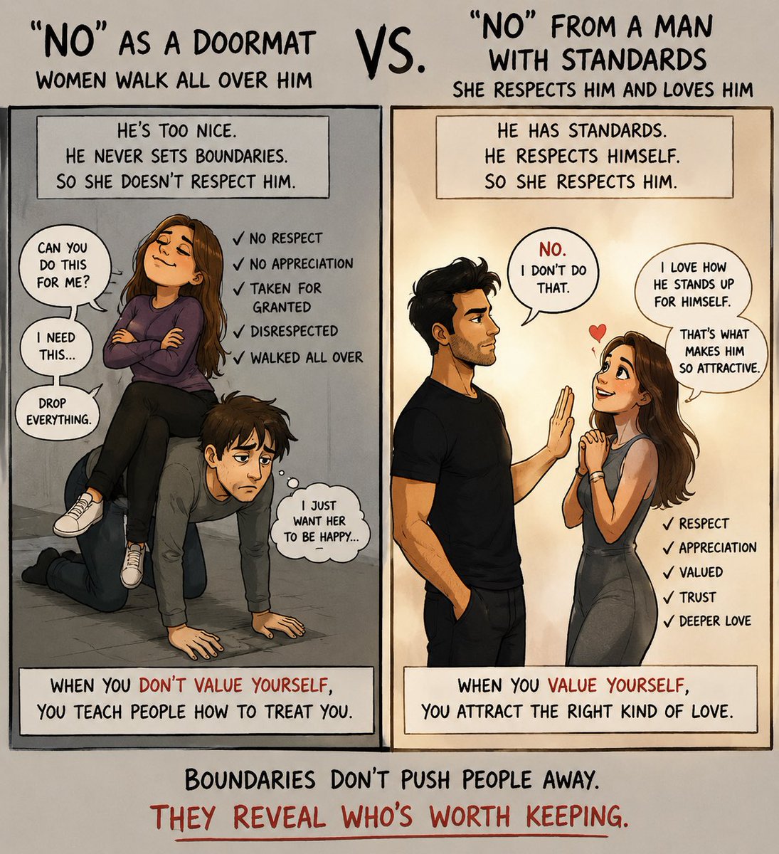 mrGlennLawrence's tweet photo. A man with no backbone gets called “sweet” while being treated like a human doormat.

A man with boundaries gets called an “asshole” while being respected, desired, and fought for.

Funny how “toxic” usually just means:
“He told her no.”

Modern dating trained men to fear disappointing women more than losing themselves.

Make assholes great again.