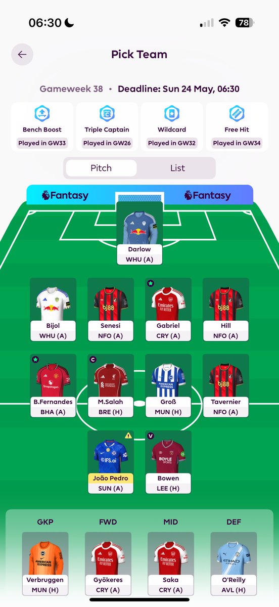 FPLRaphinha's tweet photo. GW38 Team Selection 🔒 #FPL #FPLCommunity

Salah©️
17K rank 🌍 
£0.0m itb💰 

1 used:
• Cherki > Salah
• Haaland > Bowen

City leaks ahead of the deadline so I made these moves. Nothing on Arsenal unfortunately…

App was crashing 💀

Captaining Salah for one last time 😢💔🇪🇬👑 https://t.co/9fcAEAGvyq