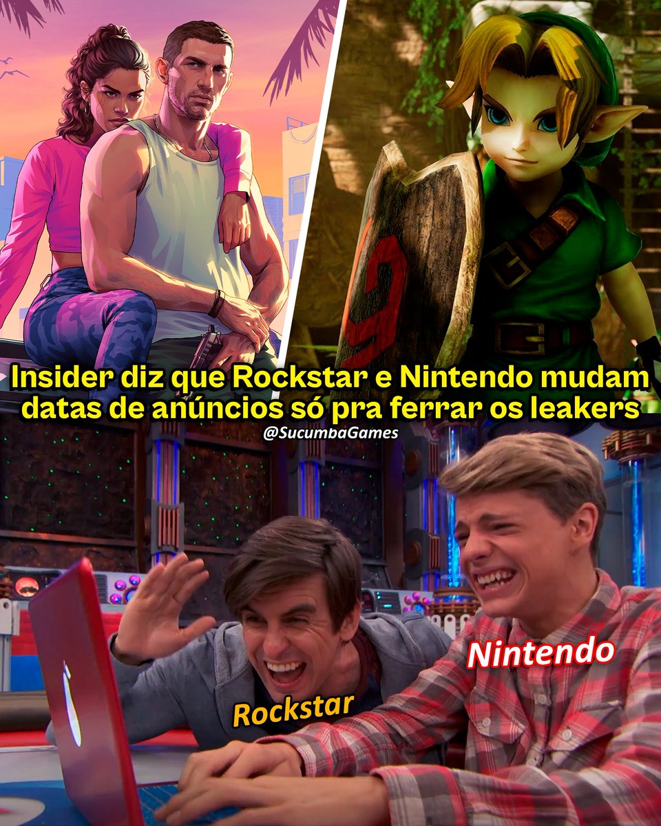 SucumbaGames's tweet photo. Segundo o insider Kiwi Talks, a Rockstar e a Nintendo odeiam leakers que vazam datas exatas e, muitas vezes, adiam anúncios e trailers só para tirar a credibilidade deles, já que valorizam muito o fator surpresa na hora de revelar novidades. https://t.co/nRYemjZFYe