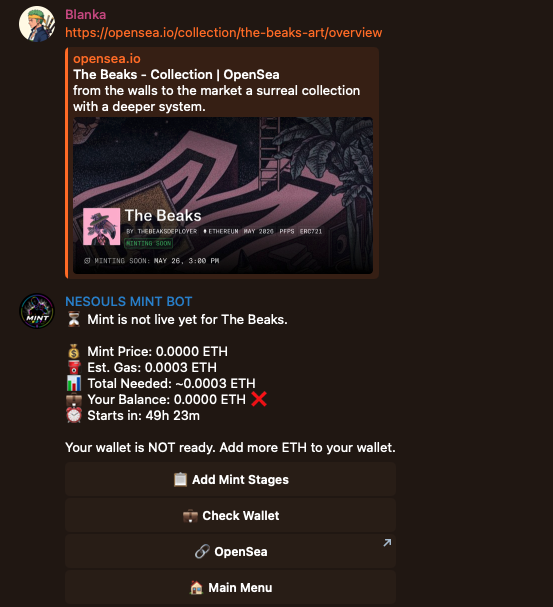 blankabtc's tweet photo. Mint bot is close.  

Hit some bugs last week, worked through them.   

Testing again this week.  

Worth keeping an eye on if you're in the community. https://t.co/ZDFA2tmf8c
