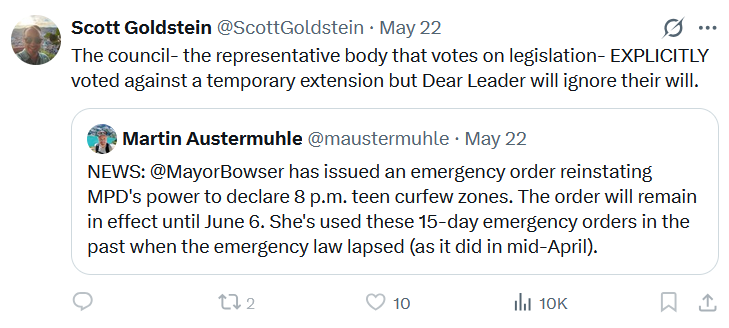 ChuckThies's tweet photo. Thank you for pointing this out, Scott. 

In other words, if @Janeese4DC was mayor we'd have no curfew. Chaos and conditions dangerous for teens, as well as everyone else, would reign supreme.

P.S. 72% of District residents support the curfew. https://t.co/DHc2cTfftU