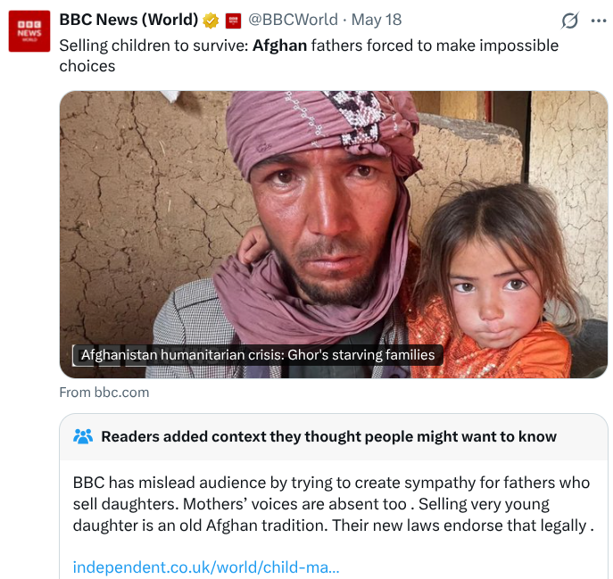 SyriaReport's tweet photo. @BBCWorld Community notes W!

BBC showing empathy for fathers "selling" their 6Y0 daughters not for the girls?

Did the Taliban legalize this based on Islamic Mahr Muqaddam as a down payment for the child, taking inspiration from prophet Muhammad's marriage to 6Y0?
Iran or Syria next? https://t.co/noYoeqi3Jr