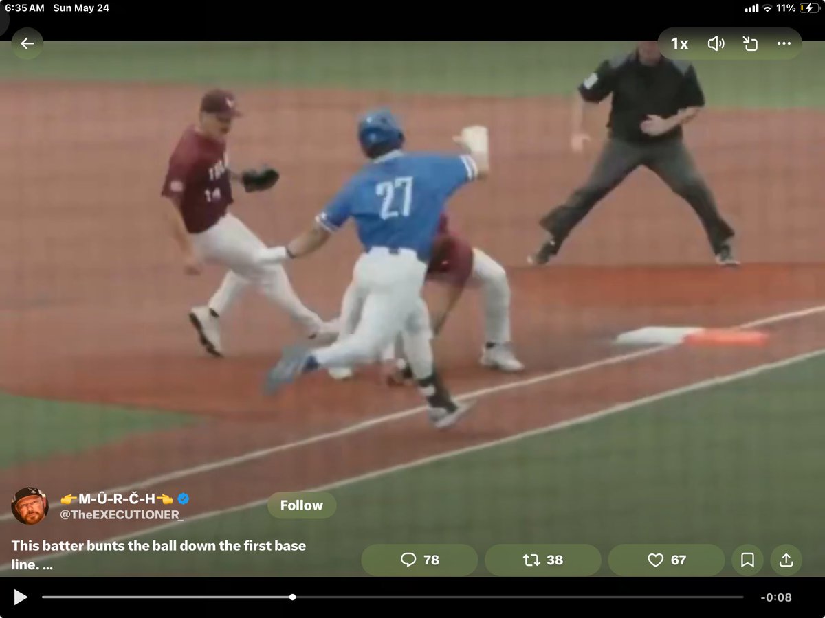 GoeringerChad's tweet photo. @TheEXECUTlONER_ At 4 second mark runner is in lane and within 3 ft from defender fielding ball. (Ball is not in glove). Running lane rules no longer apply. Runner now has a 3ft variant from his current straight line path. Official was not in a great position and moving to get a view. I call safe https://t.co/HRrWO1VZcp